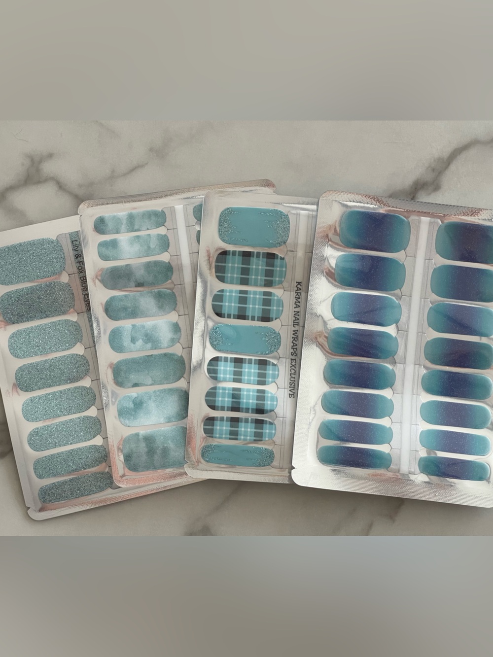 Blue Teal Nail Wrap Set - Mix of Glitter, Ombre, Marble & Plaid